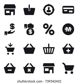 16 vector icon set : shop, basket, target audience, card, investment, money gift, percent, crypto currency, add to cart, add to basket, remove from basket, delete cart, cart