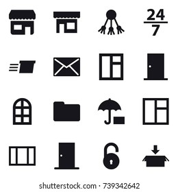 16 vector icon set : shop, share, 24/7, delivery, mail, window, door, arch window, package