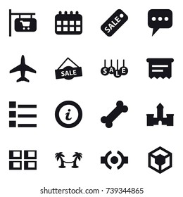 16 vector icon set : shop signboard, calendar, sale, message, plane, atm receipt, list, info, castle, panel house, palm hammock