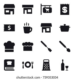 16 vector icon set : shop, shop signboard, receipt, hot drink, pan, cook hat, chef  hat, spatula, big spoon, wine