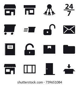16 vector icon set : shop, share, 24/7, delivery, unlock, mail, copybook, window, door, package