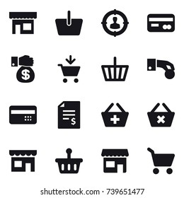 16 vector icon set : shop, basket, target audience, card, money gift, add to cart, hand coin, credit card, account balance, add to basket, delete cart, cart