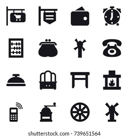 16 vector icon set : shop signboard, wallet, alarm clock, abacus, purse, windmill, service bell, dresser, stool, fireplace, hand mill, wheel
