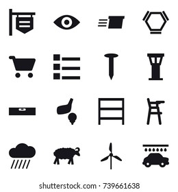 16 Vector Icon Set : Shop Signboard, Eye, Delivery, Hex Molecule, Cart, List, Nail, Airport Tower, Level, Golf, Rack, Chair For Babies, Rain Cloud, Sheep, Windmill, Car Wash