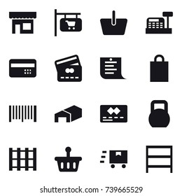 16 vector icon set : shop, shop signboard, basket, cashbox, credit card, shopping list, shopping bag, barcode, warehouse, rack