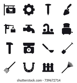 16 vector icon set : shop signboard, gear, nail, construction, water tap, toaster, kitchen scales, ladle, shovel, fork, horseshoe, grain elevator, rake