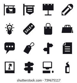 16 vector icon set : shop signboard, billboard, pencil, bulb, sale, shopping bag, message, label, photo, signpost, toilet cleanser