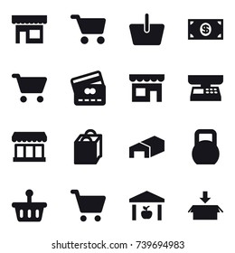 16 vector icon set : shop, cart, basket, money, credit card, market scales, market, shopping bag, warehouse, package
