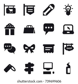16 vector icon set : shop signboard, pencil, bulb, gift, shopping bag, message, notebook, discussion, bow, atm receipt, signpost, toilet cleanser