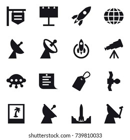 16 vector icon set : shop signboard, billboard, rocket, globe, satellite antenna, telescope, ufo, shopping list, label, photo