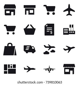 16 vector icon set : shop, cart, plane, basket, account balance, store, shopping bag, delivery, journey