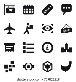 16 vector icon set : shop signboard, calendar, sale, message, plane, courier, eye identity, atm receipt, list, info, castle, chicken