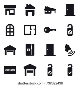16 vector icon set : shop, home, house with garage, door, arch window, plan, key, do not distrub, garage, fridge, bell, welcome mat, please clean