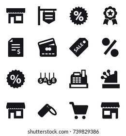 16 vector icon set : shop, shop signboard, percent, medal, account balance, credit card, sale label, sale, cashbox