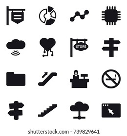 16 vector icon set : shop signboard, circle diagram, graph, chip, cloud wireless, cardio chip, store signboard, singlepost, escalator, reception, no smoking, signpost, stairs
