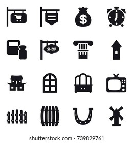 16 vector icon set : shop signboard, money bag, alarm clock, scales weight, column, tower, japanese house, arch window, dresser, tv, fence, barrel, horseshoe, windmill
