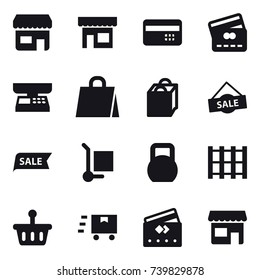 16 vector icon set : shop, credit card, market scales, shopping bag, sale, cargo stoller