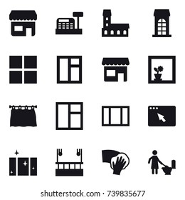 16 vector icon set : shop, cashbox, mansion, building, window, flower in window, curtain, clean  window, skyscapers cleaning, wiping, toilet cleaning