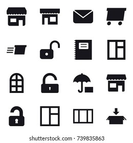 16 vector icon set : shop, mail, delivery, unlock, copybook, window, arch window, unlocked, package