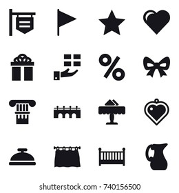 16 vector icon set : shop signboard, flag, star, heart, gift, percent, bow, column, bridge, restaurant, heart pendant, service bell, curtain, crib, jug