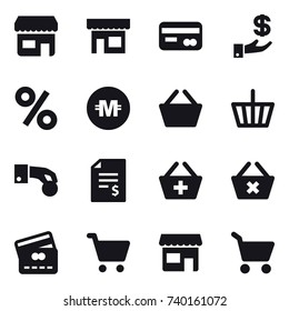 16 vector icon set : shop, card, investment, percent, crypto currency, basket, hand coin, account balance, add to basket, delete cart, credit card, cart