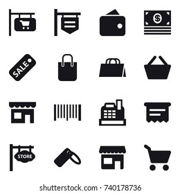 16 vector icon set : shop signboard, wallet, money, sale, shopping bag, basket, shop, barcode, cashbox, atm receipt, store signboard, cart