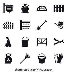 16 vector icon set : shop signboard, flower, greenhouse, fence, watering, shovel, wheelbarrow, pear, bucket, farm fence, pruner, fertilizer, rake, gloves