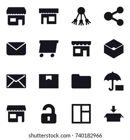 16 vector icon set : shop, share, mail, delivery, box, unlocked, window, package
