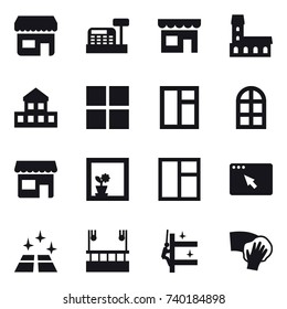 16 vector icon set : shop, cashbox, mansion, cottage, window, arch window, flower in window, clean floor, skyscapers cleaning, skyscrapers cleaning, wiping