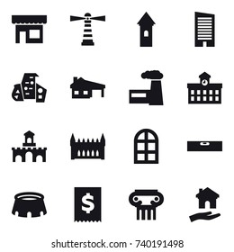 16 vector icon set : shop, lighthouse, tower, skyscraper, modern architecture, house with garage, factory, university, fort, gothic architecture, arch window, level, stadium, antique column, housing