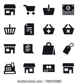 16 vector icon set : shop, cart, basket, money, account balance, add to basket, delete cart, shopping list, shopping bag, label, cashbox