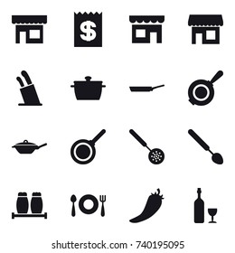 16 vector icon set : shop, receipt, stands for knives, pan, skimmer, big spoon, hot pepper, wine