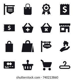 16 vector icon set : shop signboard, shopping bag, medal, receipt, add to basket, delete cart, shop, store signboard, real estate, cart, hanger