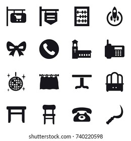 16 vector icon set : shop signboard, abacus, rocket, bow, phone, church, disco ball, curtain, table, dresser, stool, chair, sickle