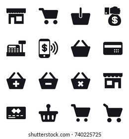 16 vector icon set : shop, cart, basket, money gift, cashbox, phone pay, credit card, add to basket, remove from basket, delete cart