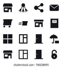 16 vector icon set : shop, share, mail, delivery, copybook, window, door