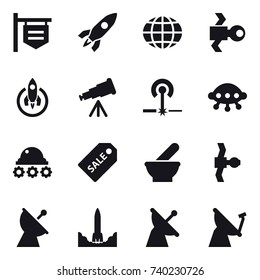 16 vector icon set : shop signboard, rocket, globe, satellite, telescope, laser, ufo, lunar rover, sale label, satellite antenna