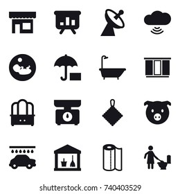 16 vector icon set : shop, presentation, satellite antenna, cloud wireless, bath, wardrobe, dresser, kitchen scales, rag, pig, car wash, utility room, paper towel, toilet cleaning