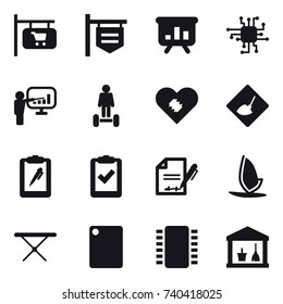16 vector icon set : shop signboard, presentation, chip, hoverboard, under construction, windsurfing, iron board, cutting board, utility room