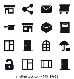 16 vector icon set : shop, share, mail, delivery, box, copybook, window, door, arch window, unlocked