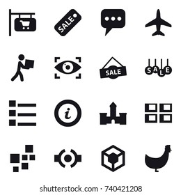 16 vector icon set : shop signboard, sale, message, plane, courier, eye identity, list, info, castle, panel house, chicken