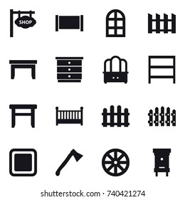 16 vector icon set : shop signboard, fence, arch window, table, chest of drawers, dresser, rack, stool, crib, cutting board, axe, wheel, hive
