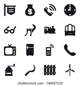 16 vector icon set : shop signboard, money bag, call, clock, greate wall, train, dresser, tv, fridge, hand mill, sickle, fence, windmill