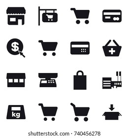 16 vector icon set : shop, shop signboard, cart, card, dollar arrow, credit card, add to basket, market, market scales, shopping bag, mall, package