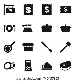 16 vector icon set : shop signboard, receipt, cafe, cutting board, pan, chef  hat, spatula, meat hammer