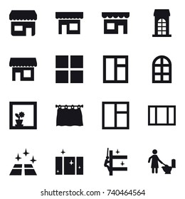 16 vector icon set : shop, building, window, arch window, flower in window, curtain, clean floor, clean  window, skyscrapers cleaning, toilet cleaning