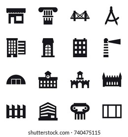 16 vector icon set : shop, column, bridge, draw compass, houses, building, lighthouse, hangare, university, fort, gothic architecture, fence, antique column, window