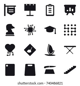 16 vector icon set : shop signboard, billboard, clipboard, presentation, chess horse, chip, graduate hat, cardio chip, under construction, windsurfing, iron board, cutting board, stairs