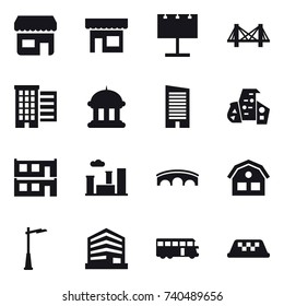 16 vector icon set : shop, billboard, bridge, houses, goverment house, skyscraper, modern architecture, modular house, city, house, outdoor light, bus, taxi 16 vector icon set : shop, billboard, bridge, houses, goverment house, skyscraper, modern architecture, modular house, city, house, outdoor light, bus, taxi