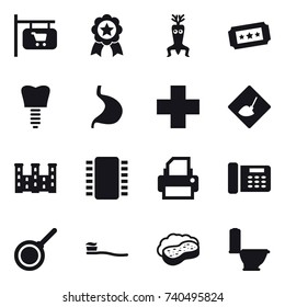 16 vector icon set : shop signboard, medal, dna modify, ticket, under construction, palace, pan, tooth brush, sponge with foam, toilet